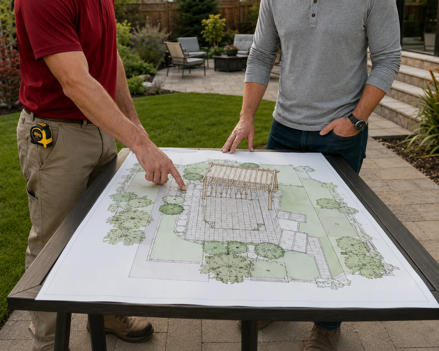 Contractor and homeowner reviewing plans or project notes